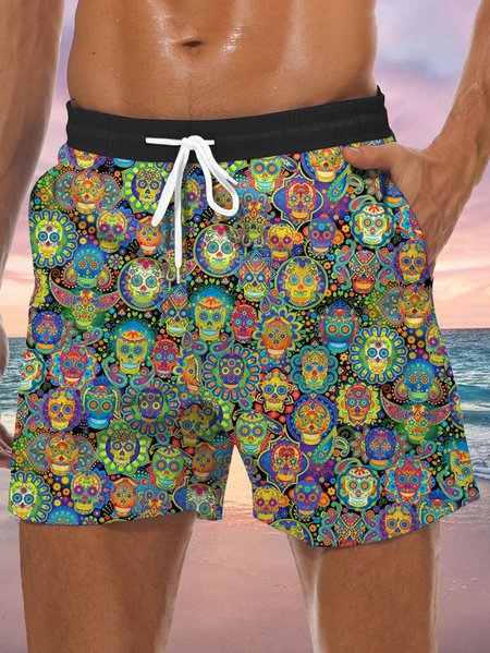 

Skull Drawstring Beach Shorts, Multicolor, Men's shorts
