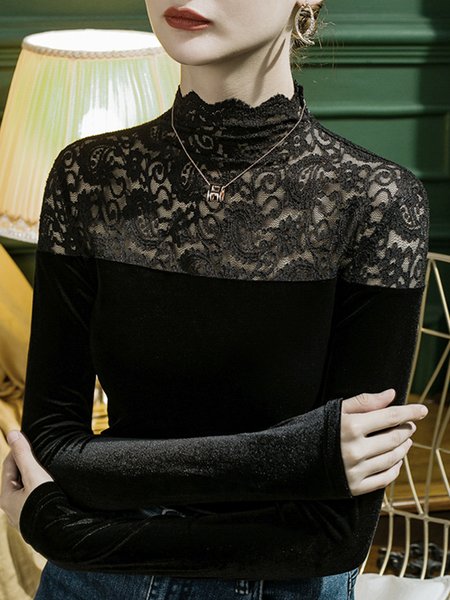 

Long sleeve Plain Half Turtleneck Elegant Velvet T-Shirt, Black, Tees