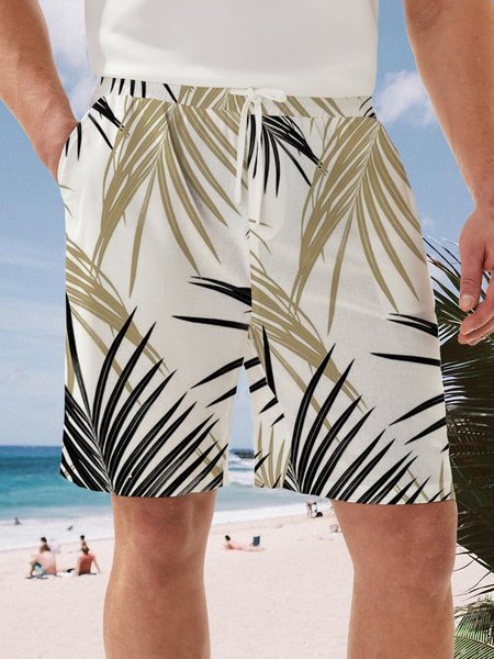 

Palm Leaf Drawstring Bermuda Casual Short, White, Men's shorts