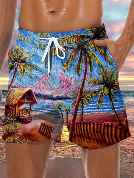 

Coconut Tree Drawstring Beach Shorts, Blue, Men's shorts