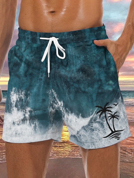 

Seawater Coconut Tree Drawstring Beach Shorts, Blue, Men's shorts