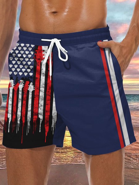 

American Flag Drawstring Beach Shorts, Blue, Men's shorts