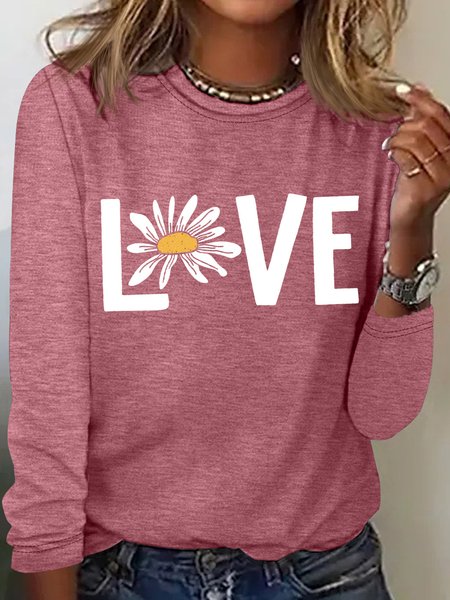 

Women's Love Crew Neck Casual Letters Top, Rose red, Long sleeves