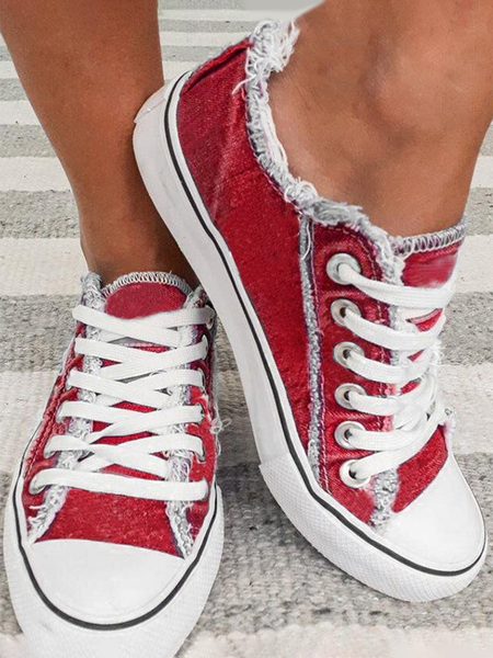 

Red Washed Denim Lace-up Canvas Shoes, Sneakers