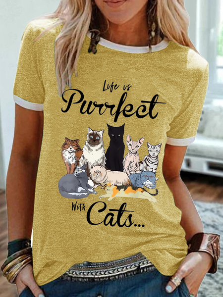 

Women‘s Life Is Perfect With Cat Simple Crew Neck T-Shirt, Yellow, T-shirts