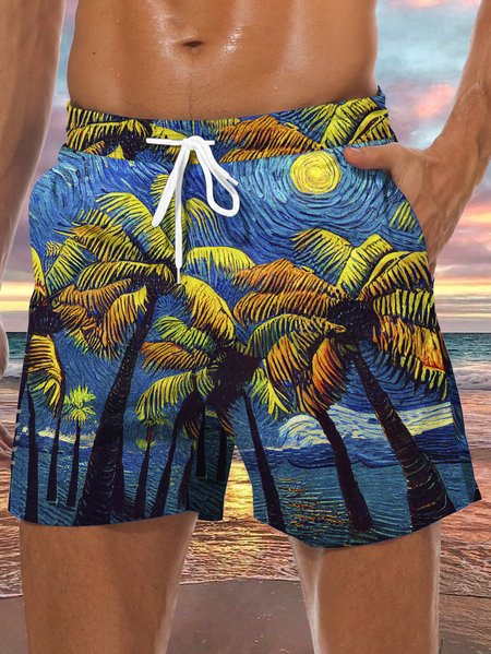 

Coconut Tree Drawstring Beach Shorts, Blue, Men's shorts