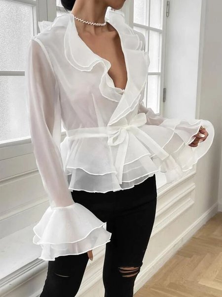

V Neck Elegant Long sleeve No Elasticity Blouse, White, Blouses and Shirts