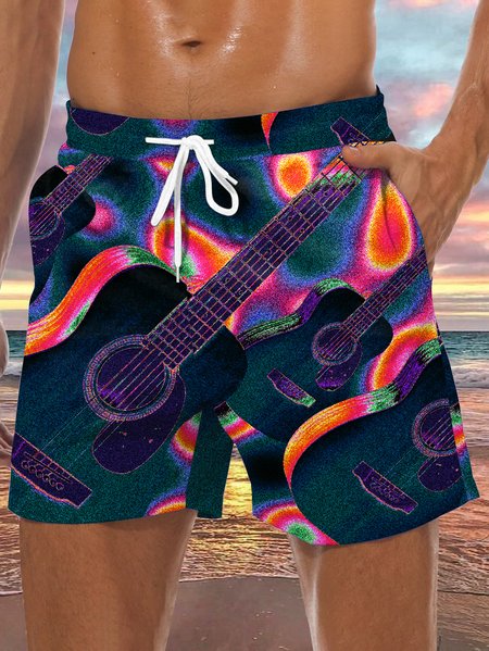 

Guitar Drawstring Beach Shorts, Green, Men's shorts