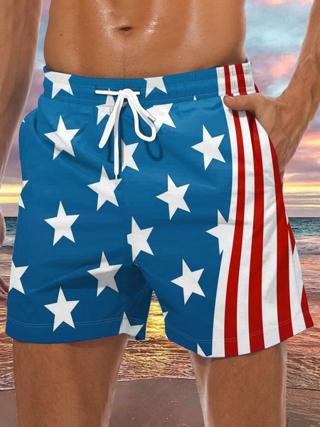 

American Flag Drawstring Beach Shorts, Blue, Men's shorts
