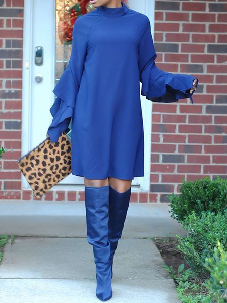 

Loose Stand Collar Long sleeve Plain Urban Dress, Blue, Mini Dresses