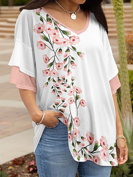 

Floral Casual Loose T-Shirt, White, Tunics
