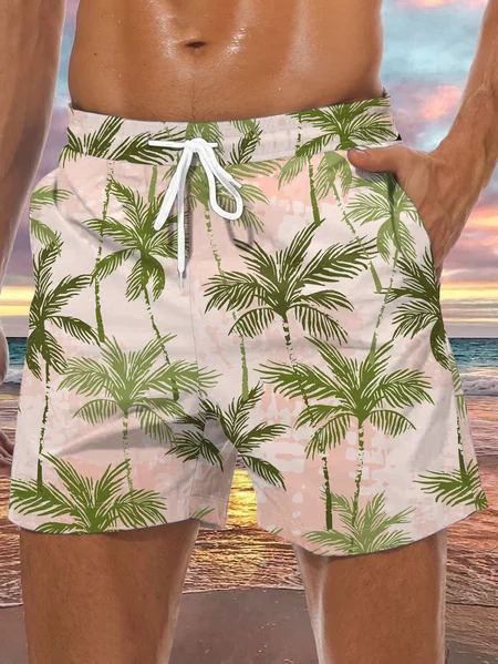 

Coconut Tree Drawstring Beach Shorts, Green, Men's shorts