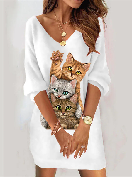 

Loose V Neck Cat Casual Dress, White, Mini Dresses