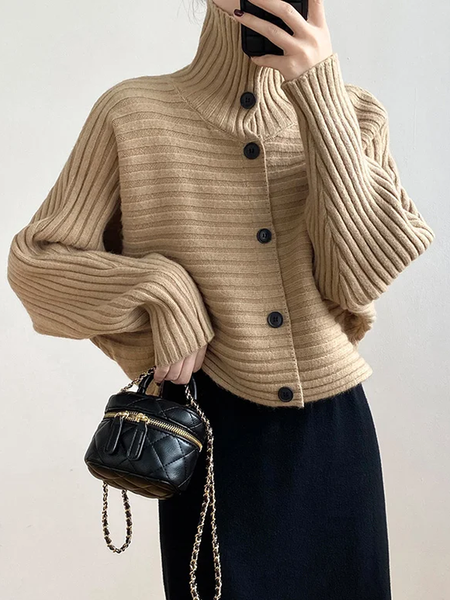 

Loose Micro-Elasticity Urban Turtleneck Long sleeve Sweater Coat, Khaki, Cardigans