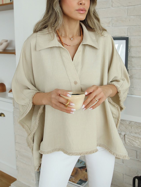 

Shawl Collar Elegant Regular Fit Top, Light camel, Linen Tops