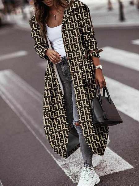 

Geometric Print Loose Urban Trench Coat, Black-gold, Coats