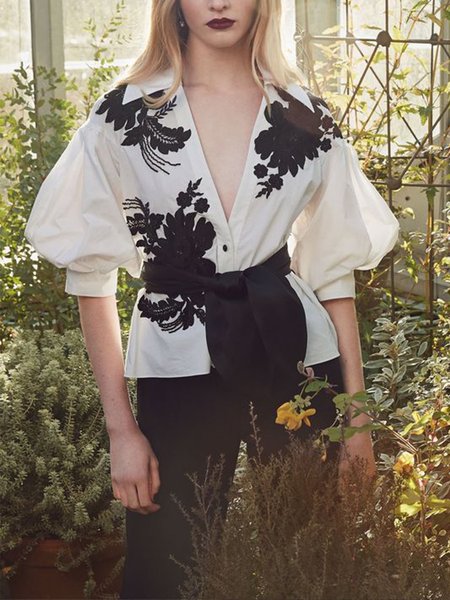 

Casual Floral Regular Fit No Elasticity Blouse, As picture, Blouses and Shirts