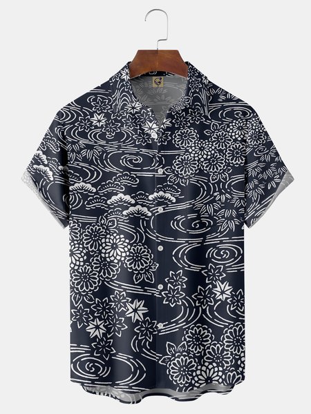 

Ukiyo-e Chest Pocket Short Sleeve Casual Shirt, Purplish blue, Men Shirts