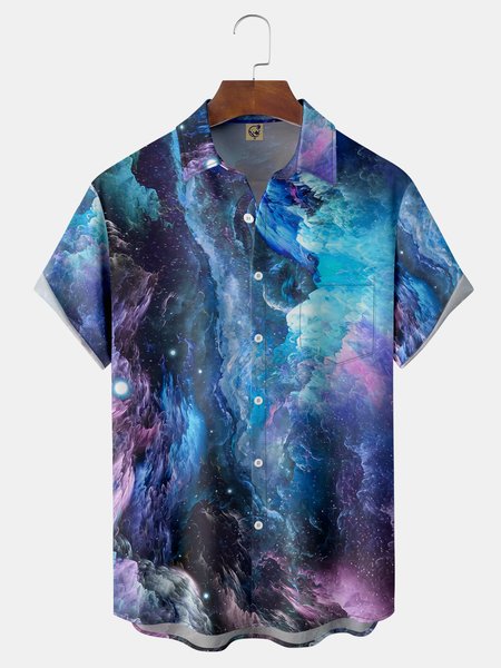 

Abstract Oil Painting Chest Pocket Short Sleeve Casual Shirt, Blue, Men Shirts