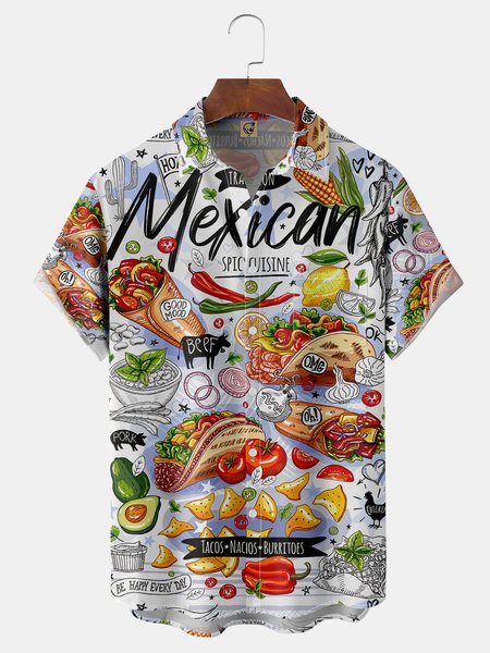 

Mexican Food Chest Pocket Short Sleeve Casual Shirt, White, Men Shirts