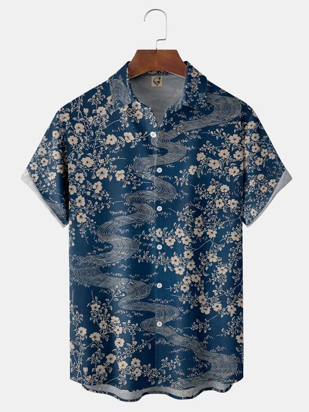 

Ukiyo-e Chest Pocket Short Sleeve Casual Shirt, Blue, Men Shirts
