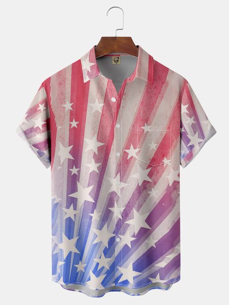 

American Flag Chest Pocket Short Sleeve Casual Shirt, Red, Men Shirts