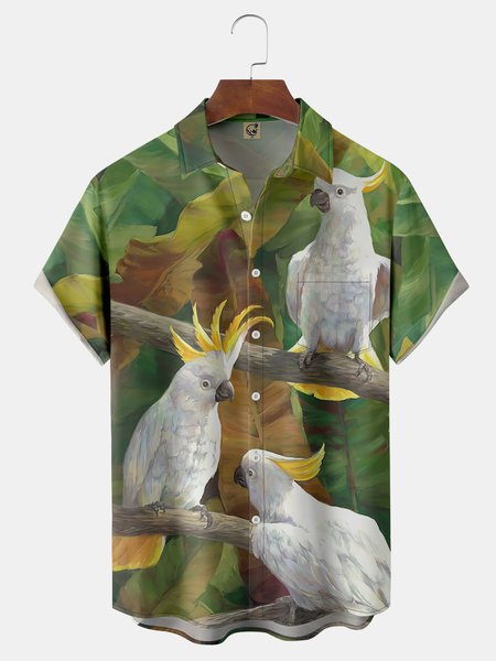 

Parrots Chest Pocket Short Sleeve Hawaiian Shirt, Green, Men Shirts