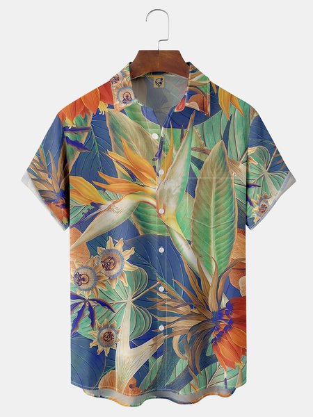 

Tropical Plants Chest Pocket Short Sleeve Hawaiian Shirt, Blue, Men Shirts