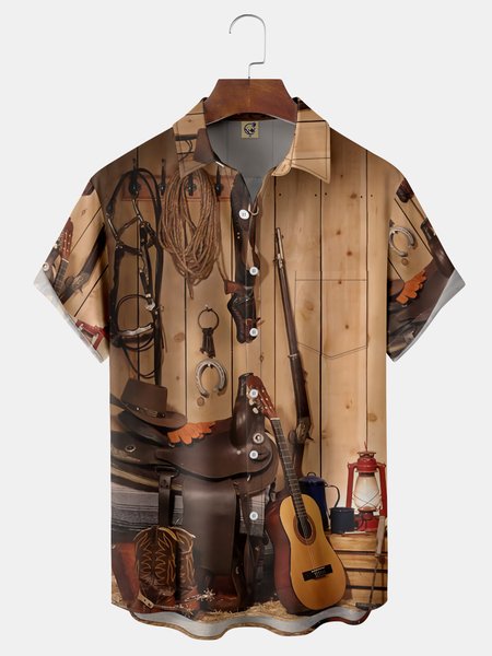 

Guitar Chest Pocket Short Sleeve Casual Shirt, Brown, Men Shirts