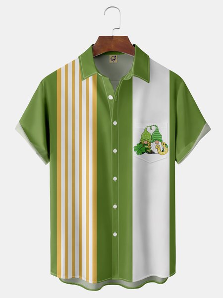

St. Patrick's Day Gnome Chest Pocket Short Sleeve Bowling Shirt, Green, Men Shirts