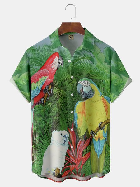 

Parrots Chest Pocket Short Sleeve Hawaiian Shirt, Green, Men Shirts