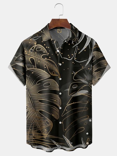 Monstera Deliciosa Chest Pocket Short Sleeve Hawaiian Shirt, Black, Men Shirts