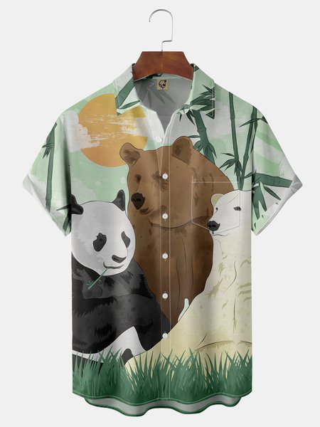 

Panda Chest Pocket Short Sleeve Hawaiian Shirt, Green, Men Shirts