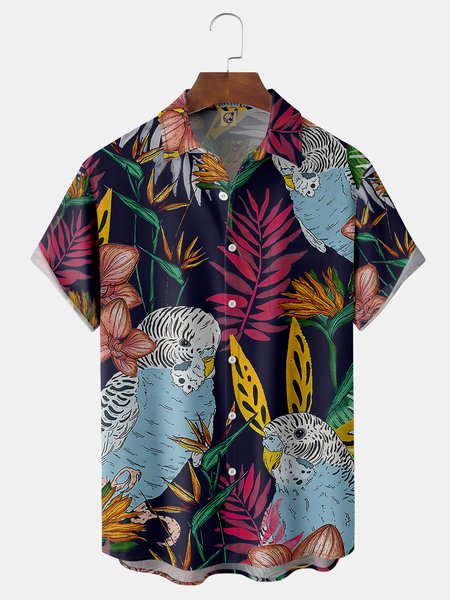 

Parrots Chest Pocket Short Sleeve Hawaiian Shirt, Purplish blue, Men Shirts