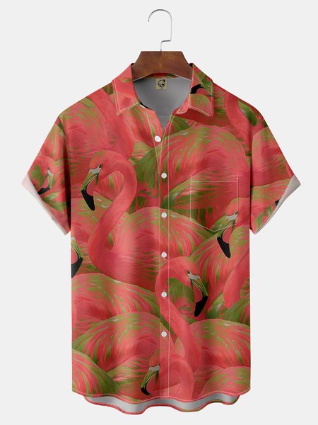 

Flamingo Chest Pocket Short Sleeve Hawaiian Shirt, Red, Men Shirts