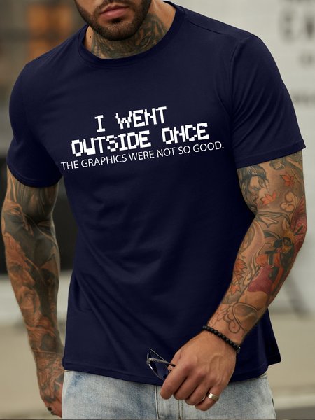 

Men's I Went Outside Once The Graphics Were Not So Good Funny Game Graphic Print Loose Casual Crew Neck Cotton T-Shirt, Purplish blue, T-shirts