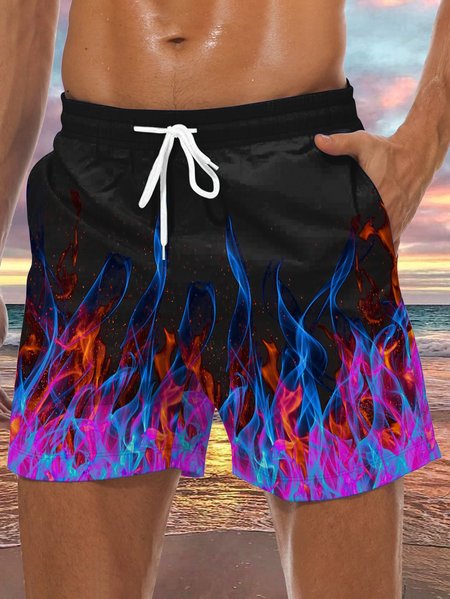 

Flame Drawstring Beach Shorts, Black, Men's shorts