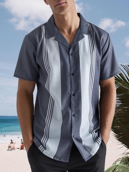 

Striped Short Sleeve Bowling Shirt, Gray, Men Shirts
