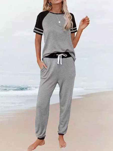 

Round Neck Casual Loose Stitching Short-sleeved Sports Suit, Gray, Suit Set