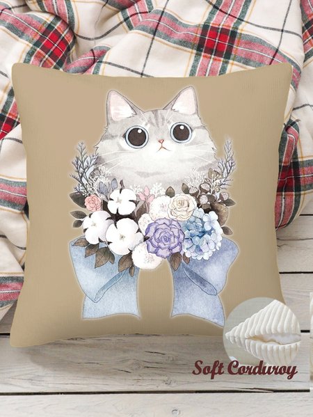 

18*18"Throw Pillow Covers, Cat Floral Soft Corduroy Cushion Pillowcase Case for Living Room Bed Sofa Car Home Decoration, Khaki, Pillow Covers