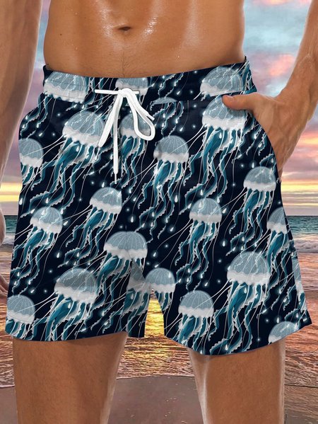

Marine Life Jellyfish Drawstring Beach Shorts, Blue, Men's shorts