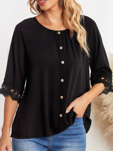 

Lace Casual Crew Neck Plain T-Shirt, Black, T-Shirts