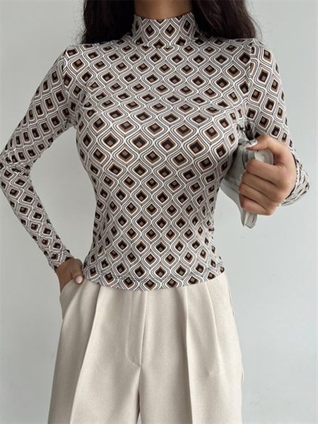 

Geometric Half Turtleneck Urban Long Sleeve T-Shirt, As picture, Tees