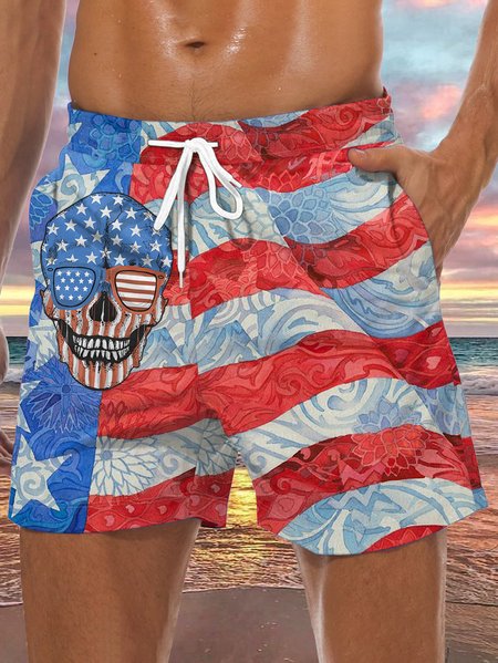 

American Flag Skull Drawstring Beach Shorts, Red, Men's shorts