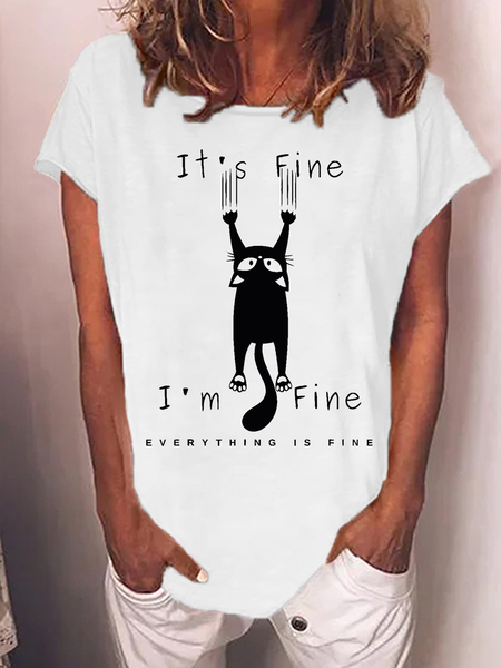 

Women's It's Fine I'm Fine Everything Is Fine Funny Black Cat Lover Cotton-Blend T-Shirt, White, T-shirts