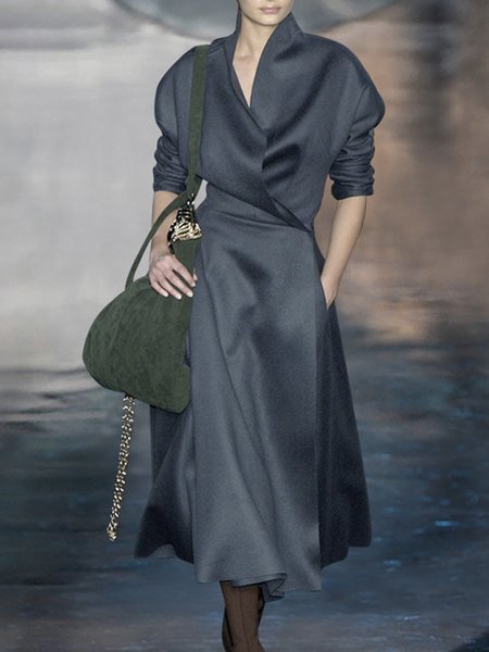 

Long sleeve Plain Stand Collar Elegant Trench Coat, Deep gray, Coats