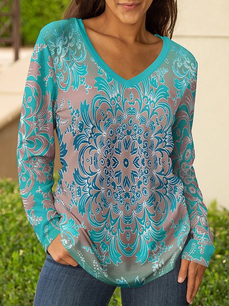 

Ethnic Loose Casual T-Shirt, Blue, T-Shirts