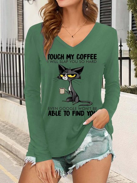 

Touch my coffee and I'll slap you hard Printed V-neck T-shirt, Green, T-Shirts