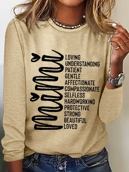 

Women‘s Funny Mimi Noun Cotton-Blend Simple Crew Neck Text Letters Long Sleeve Top, Khaki, Long sleeves