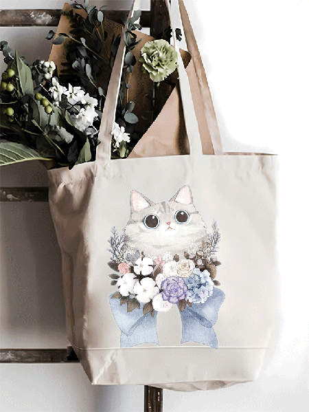 

Cat Floral Shopping Tote, White, Bags